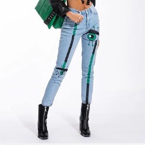 AKIRA Blue Jeans with Green and Black Eye Design